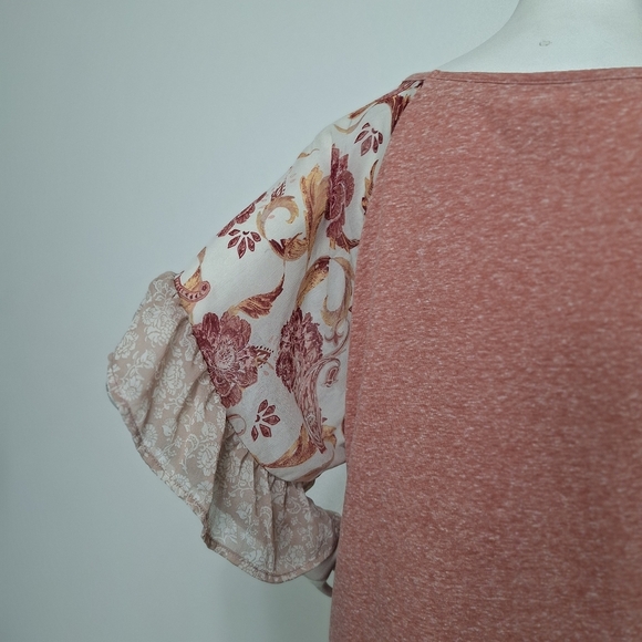 Tru Self Coquette Peach Cream Floral Ruffle Sleeves Twist Front Blouse Size XL - Picture 9 of 14